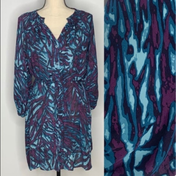 TUCKER Silk Mini Dress Purple Blue Frond Print Small - Picture 2 of 13